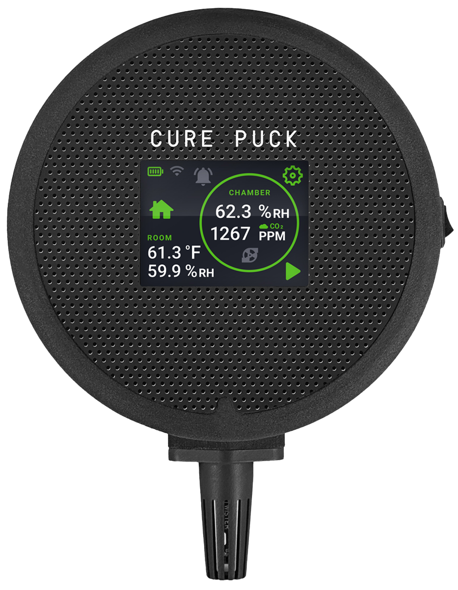 Black round sensor puck with built-in status display and green data ring