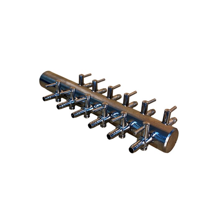 Steel manifold with blue fittings and chrome outlets mounted on a wooden beam