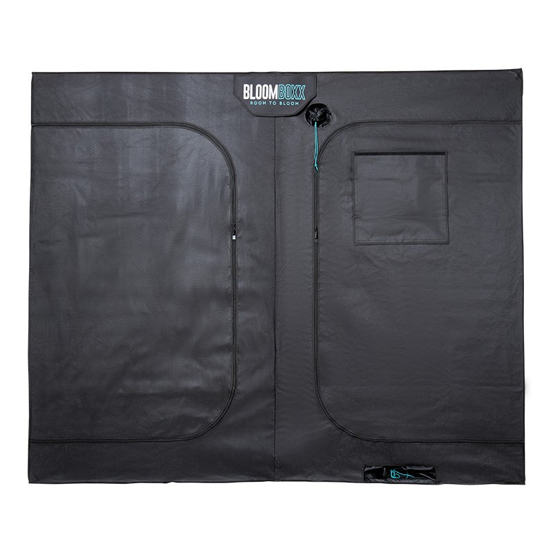 Grow tent rear view with two zippered cable ports and rectangular access panel