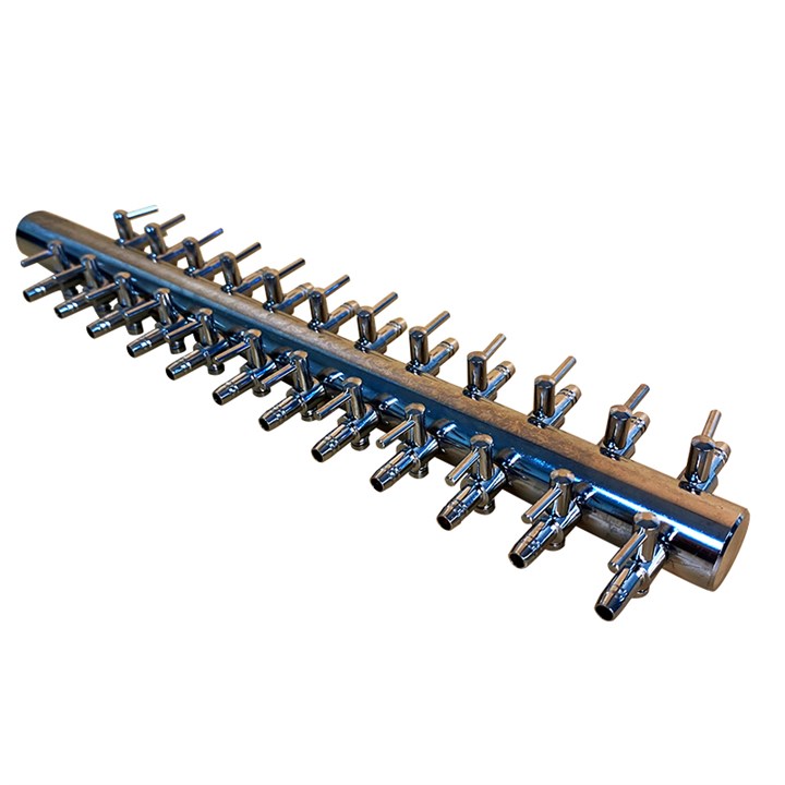 Steel manifold on wooden mounting beam with rows of blue fittings and chrome outlets