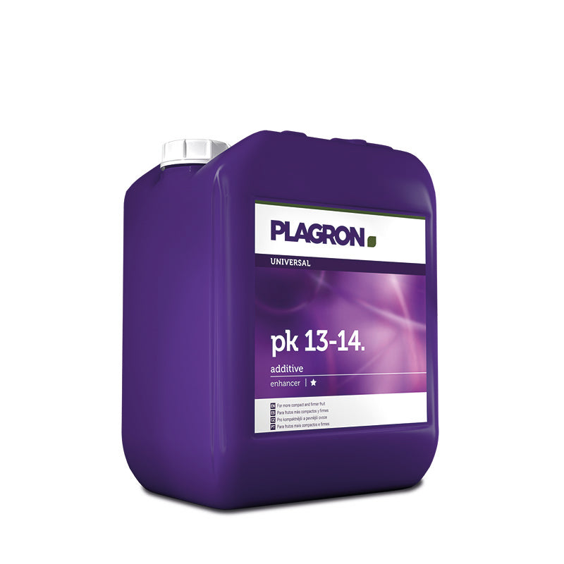Plagron pk 13-14 universal bottle, purple jug with white label, side angle view