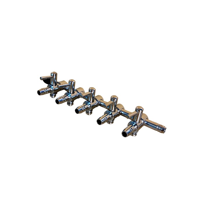 Steel manifold with multiple chrome outlet ports and mounting bolts