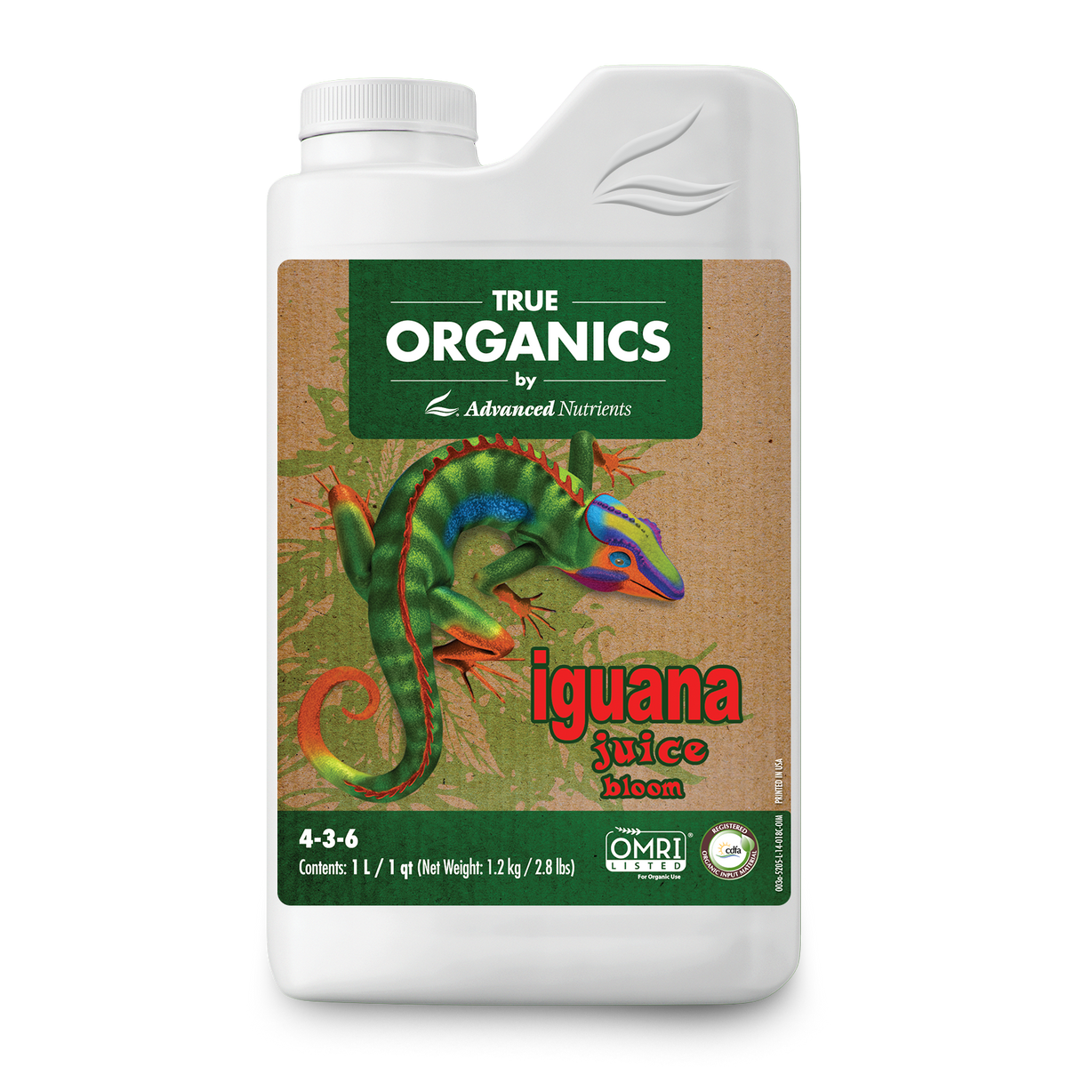Advanced Nutrients Iguana Juice Organic Bloom bottle with white cap and green front label