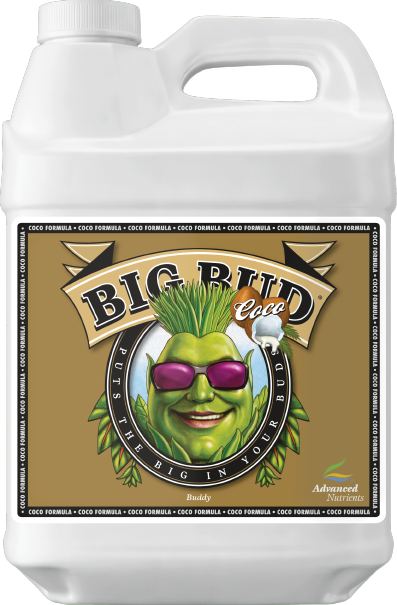 White plant nutrient jug with carry handle, Advanced Nutrients Big Bud Coco label