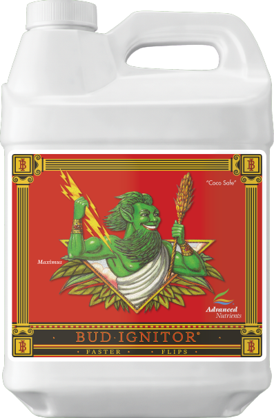 Advanced Nutrients Bud Ignitor liquid bottle, white jug with red label and gold trim
