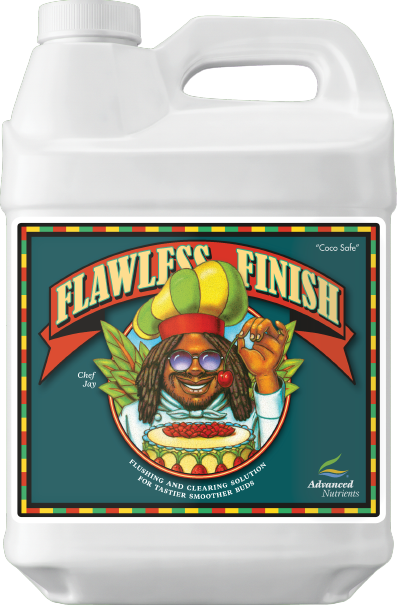 White plastic gallon jug with carry handle, Advanced Nutrients Flawless Finish label