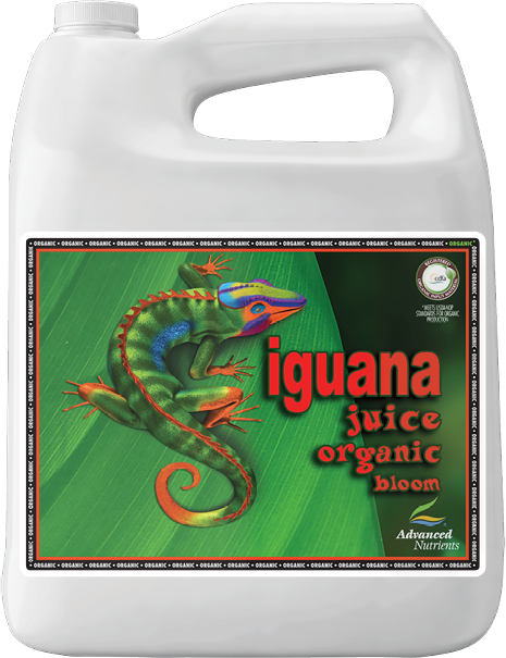 Advanced Nutrients Iguana Juice Organic Bloom bottle with molded handle and green label panel