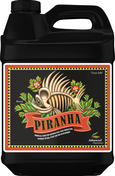 Black nutrient bottle showing Piranha front label and screw cap