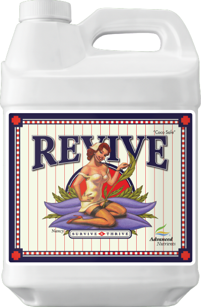 Fertilizer bottle with Advanced Nutrients Revive front label, white plastic jug