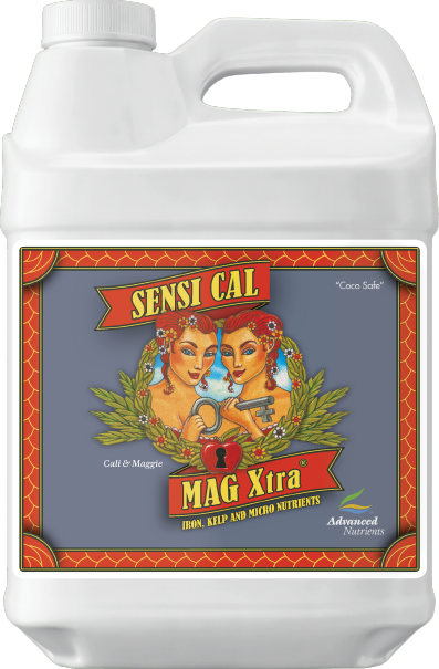White nutrient liquid jug with Sensi Cal Mag Xtra label, 1L