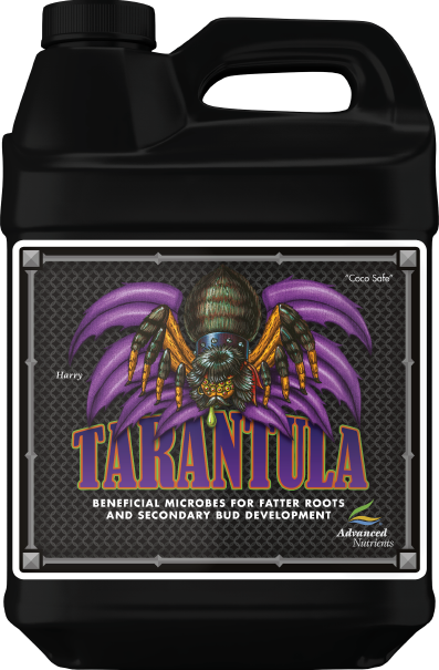 Nutrient supplement bottle with large front label, purple-winged spider artwork