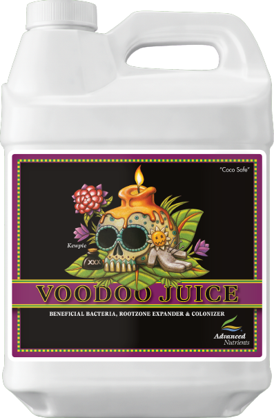 Voodoo Juice nutrient bottle, white plastic jug with front label and carry handle