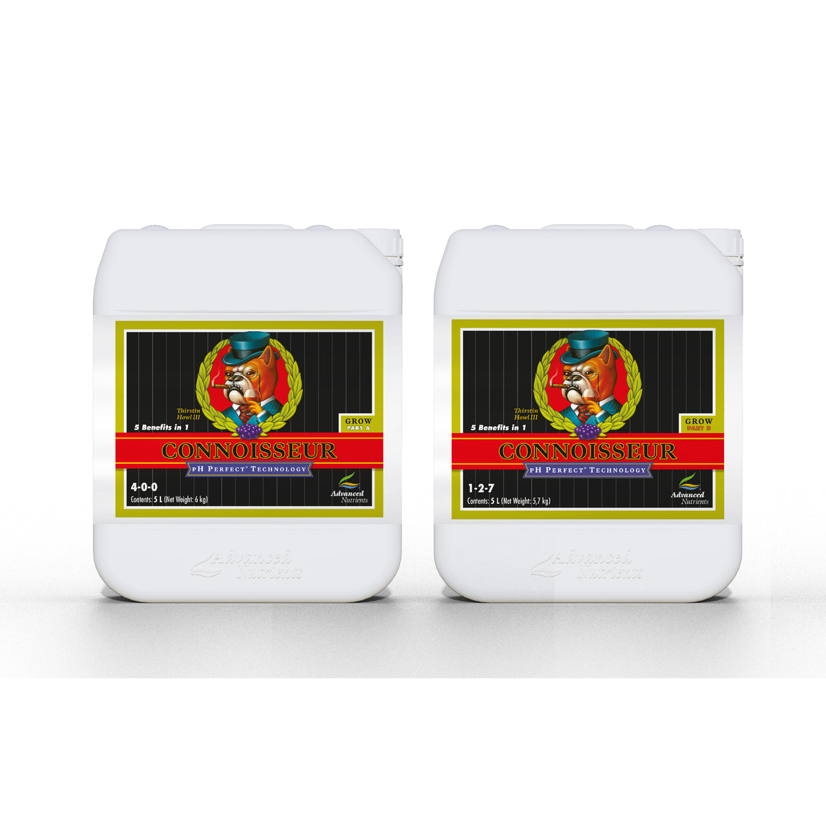 White Connoisseur nutrient bottles labeled 4-0-0 and 1-2-7, front view