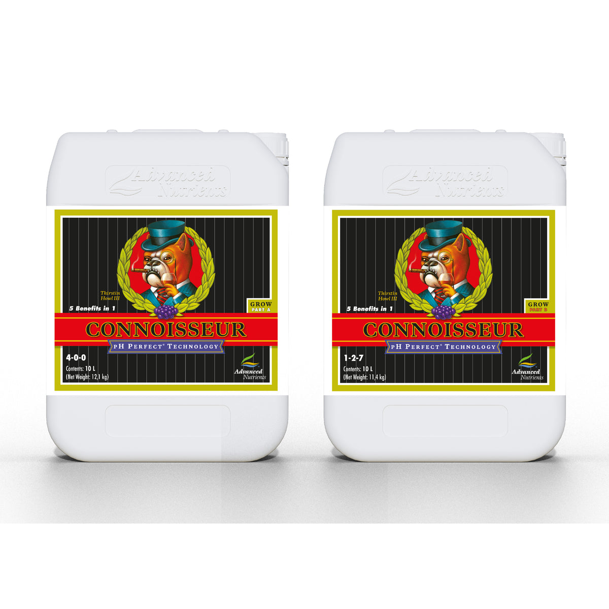 White Connoisseur nutrient bottles labeled 4-0-0 and 1-2-7