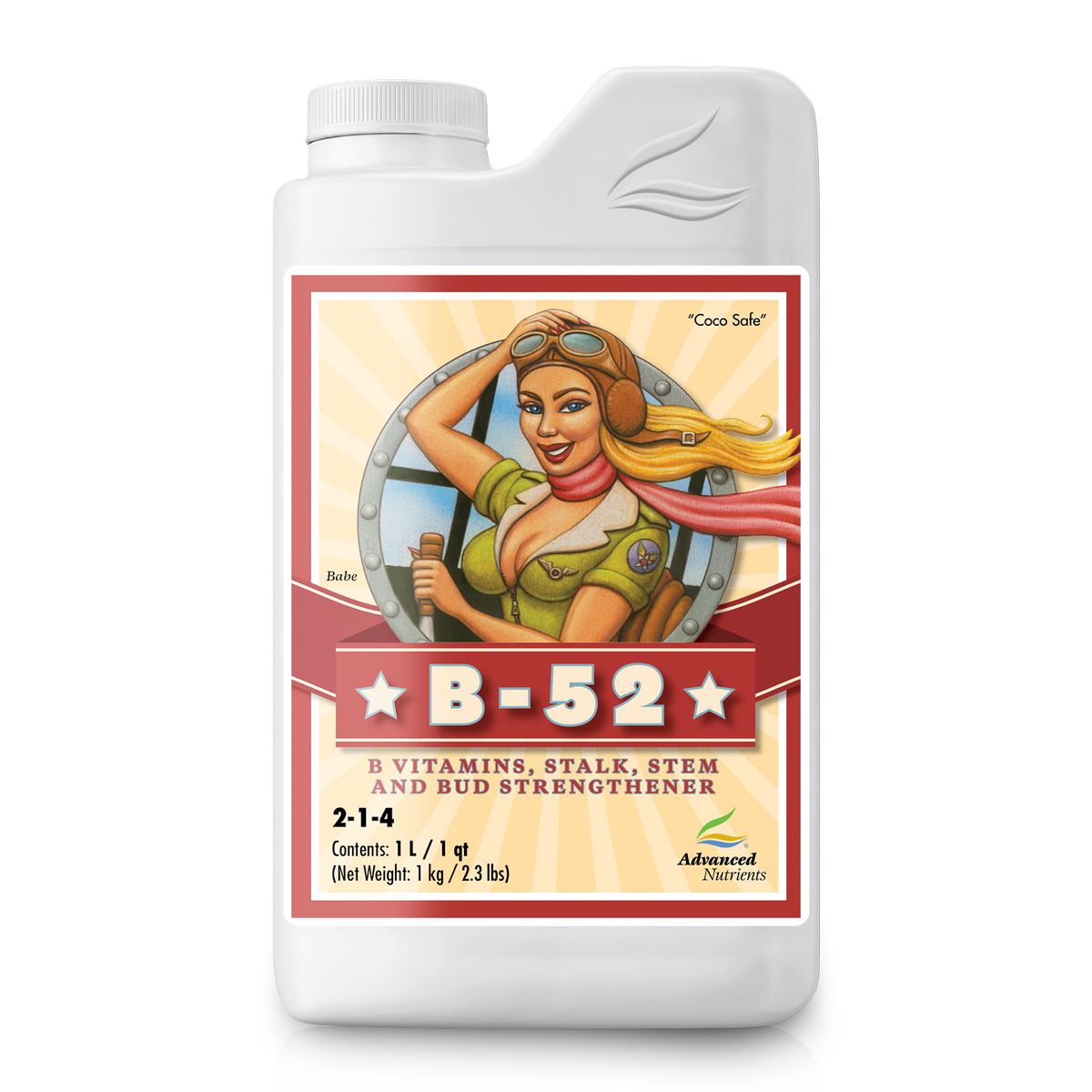 Advanced Nutrients B-52 nutrient bottle, front view with white cap and handle