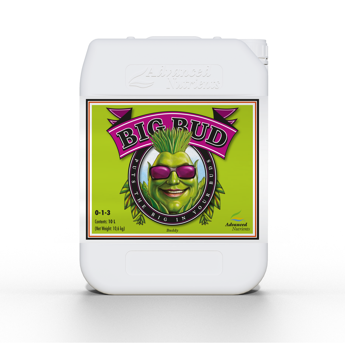 Fertilizer bottle front view with Big Bud label on white container and screw cap