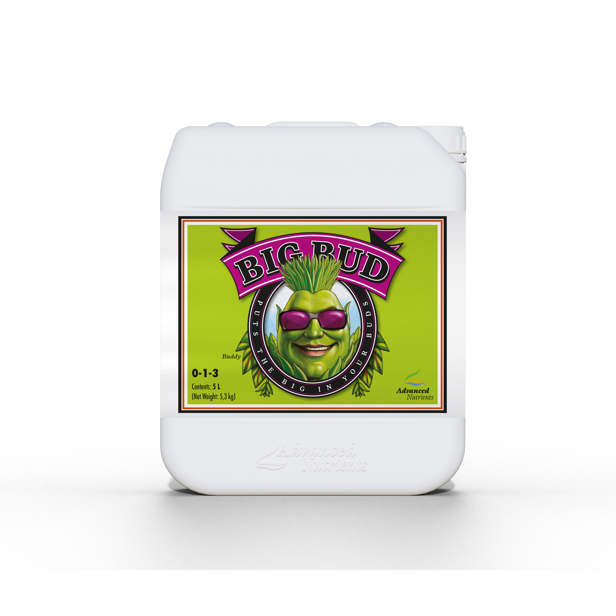 Fertilizer bottle with Big Bud label on front, white container, and screw cap
