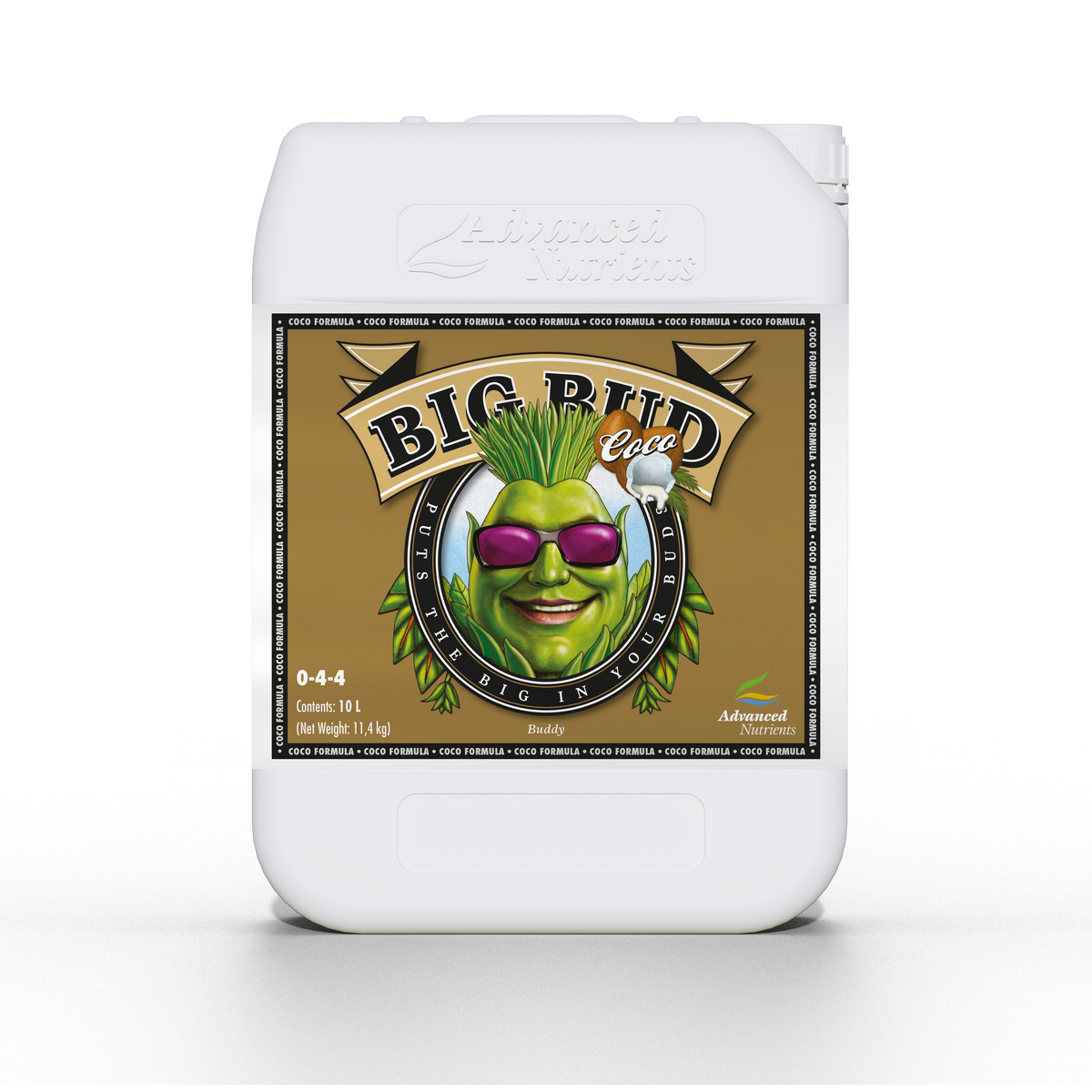 Plant nutrient jug, Advanced Nutrients Big Bud Coco, white bottle with label panel