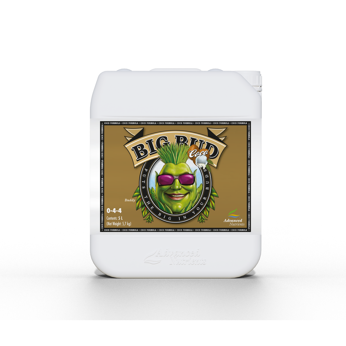 Plant nutrient jug, Advanced Nutrients Big Bud Coco, white bottle with front label