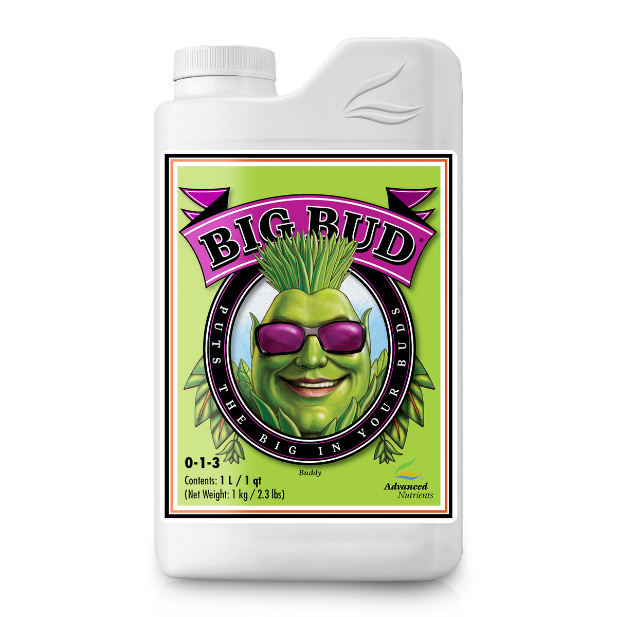Fertilizer bottle with Big Bud label, illustrated character, and white cap in 3D view