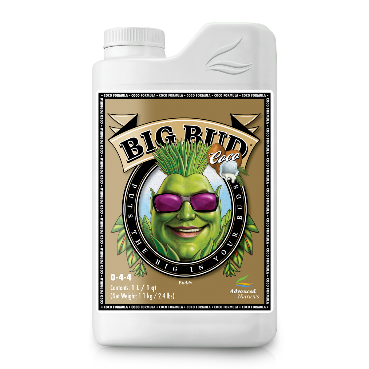 Plant nutrient jug with screw cap, Advanced Nutrients Big Bud Coco front label