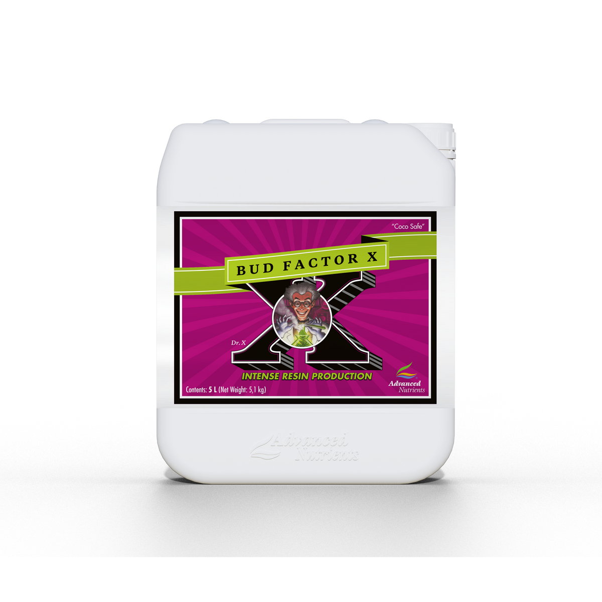 White nutrient jug with purple label for intense resin production