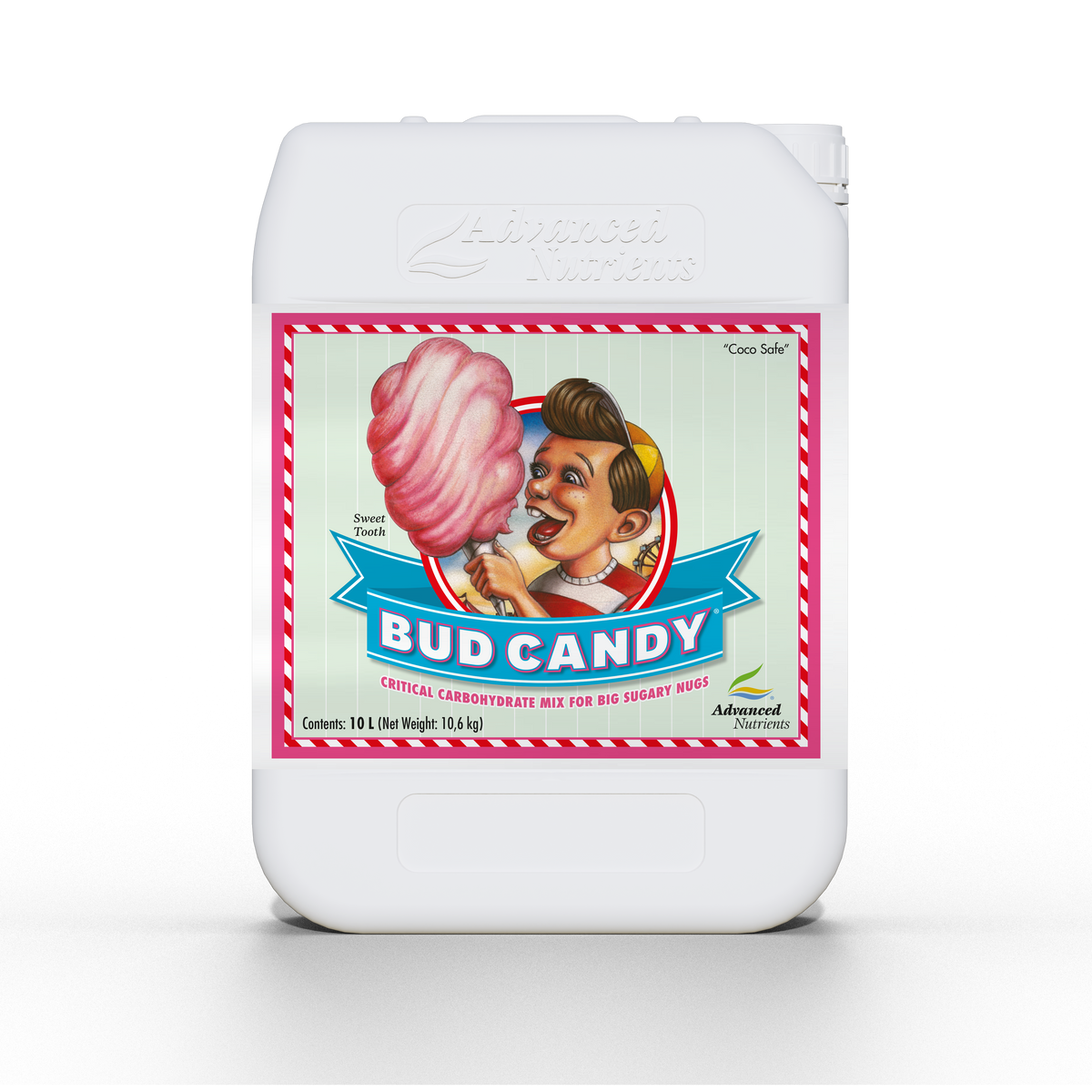 White nutrient jug with 'Advanced Nutrients' badge and pink cotton-candy label.