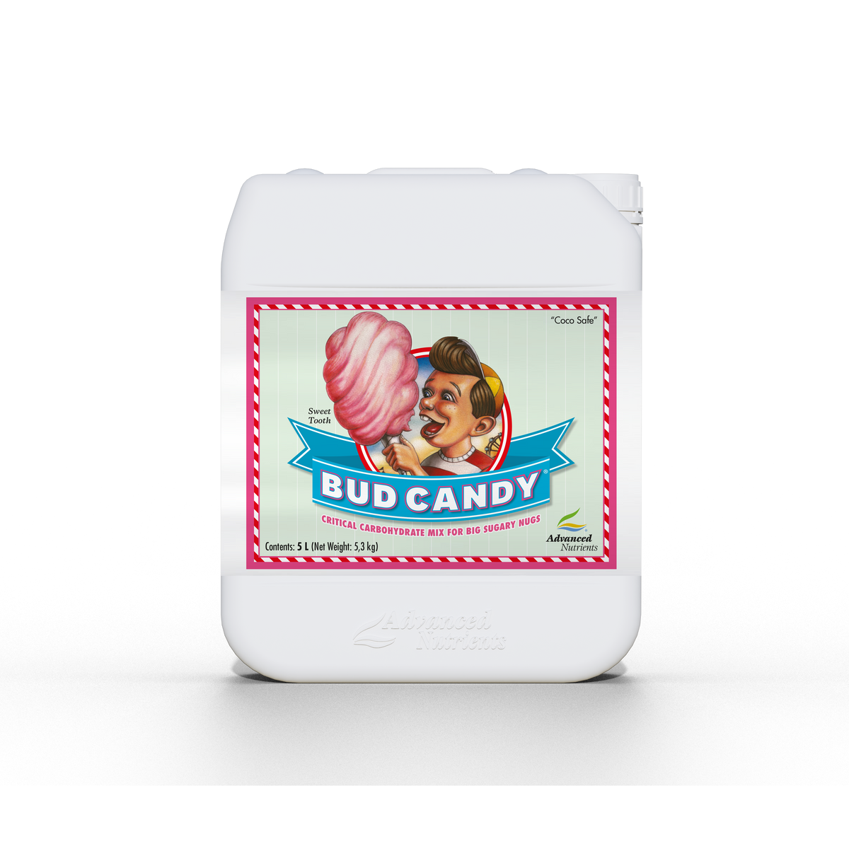 White plastic nutrient container with front label and cartoon child holding pink cotton candy.