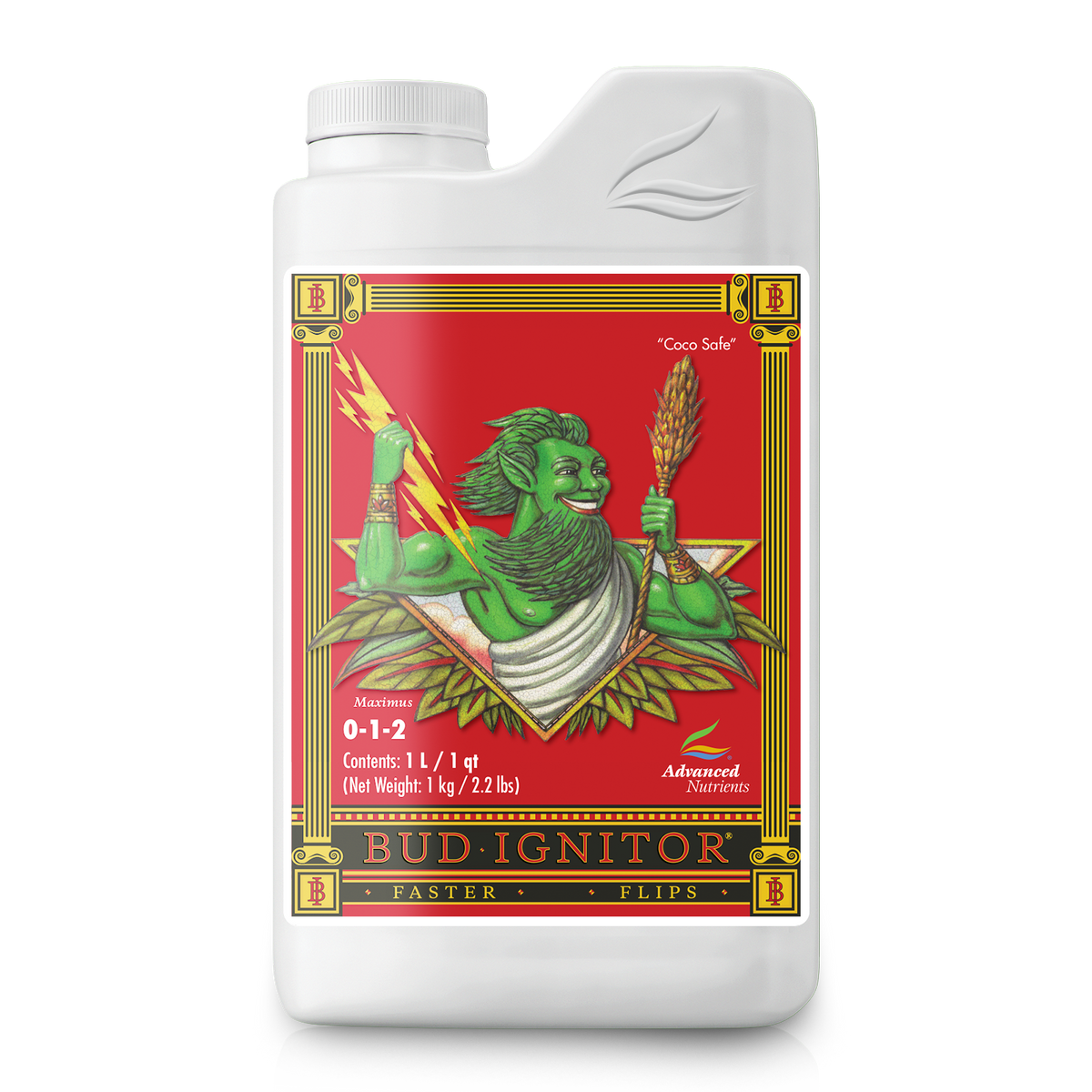 Advanced Nutrients Bud Ignitor liquid bottle, angled white jug with red label and 0-1-2