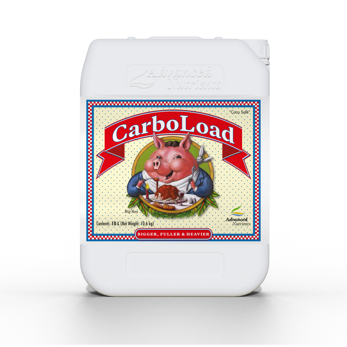 White plastic jug with CarboLoad label viewed from front