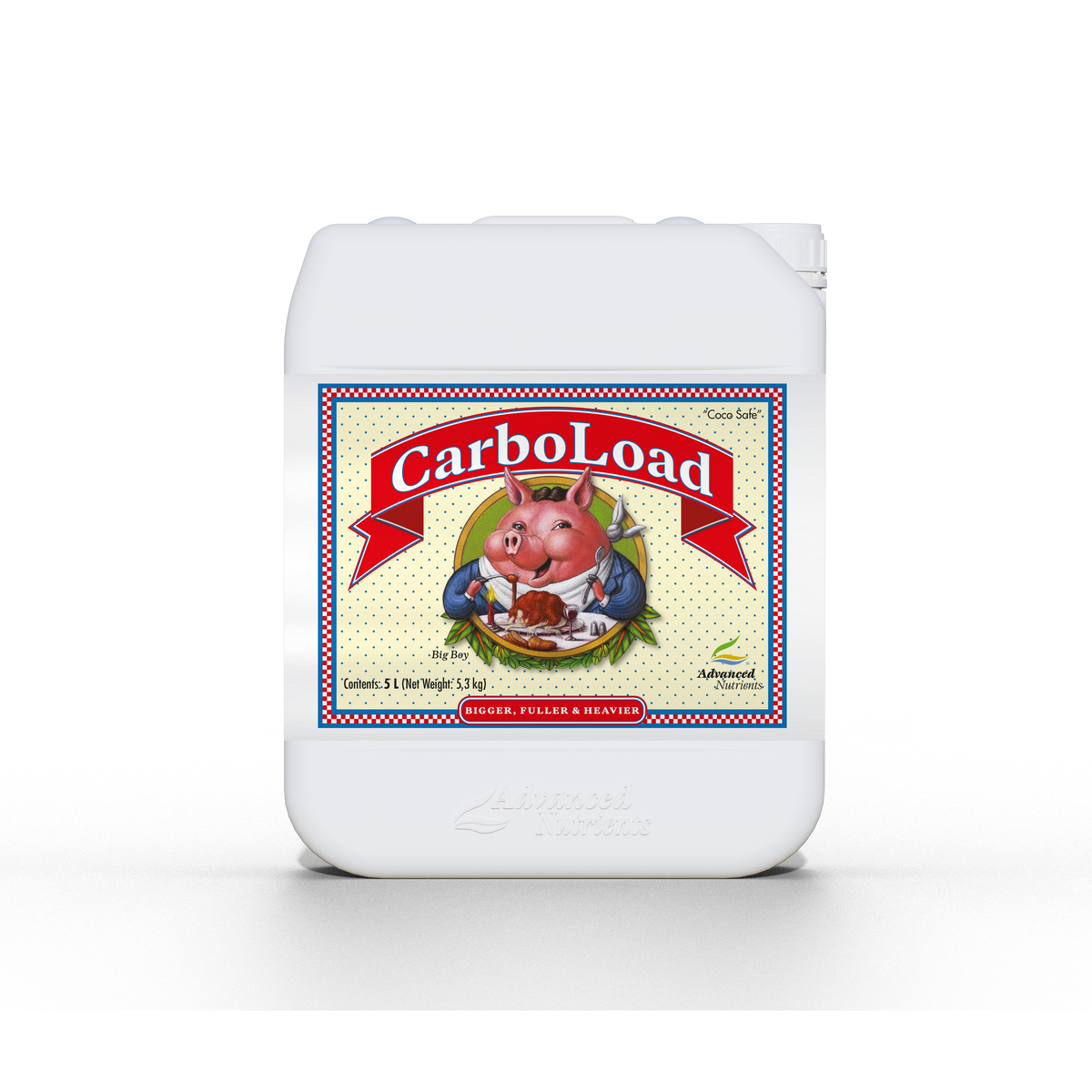 White plastic nutrient supplement jug with CarboLoad label and pig graphic