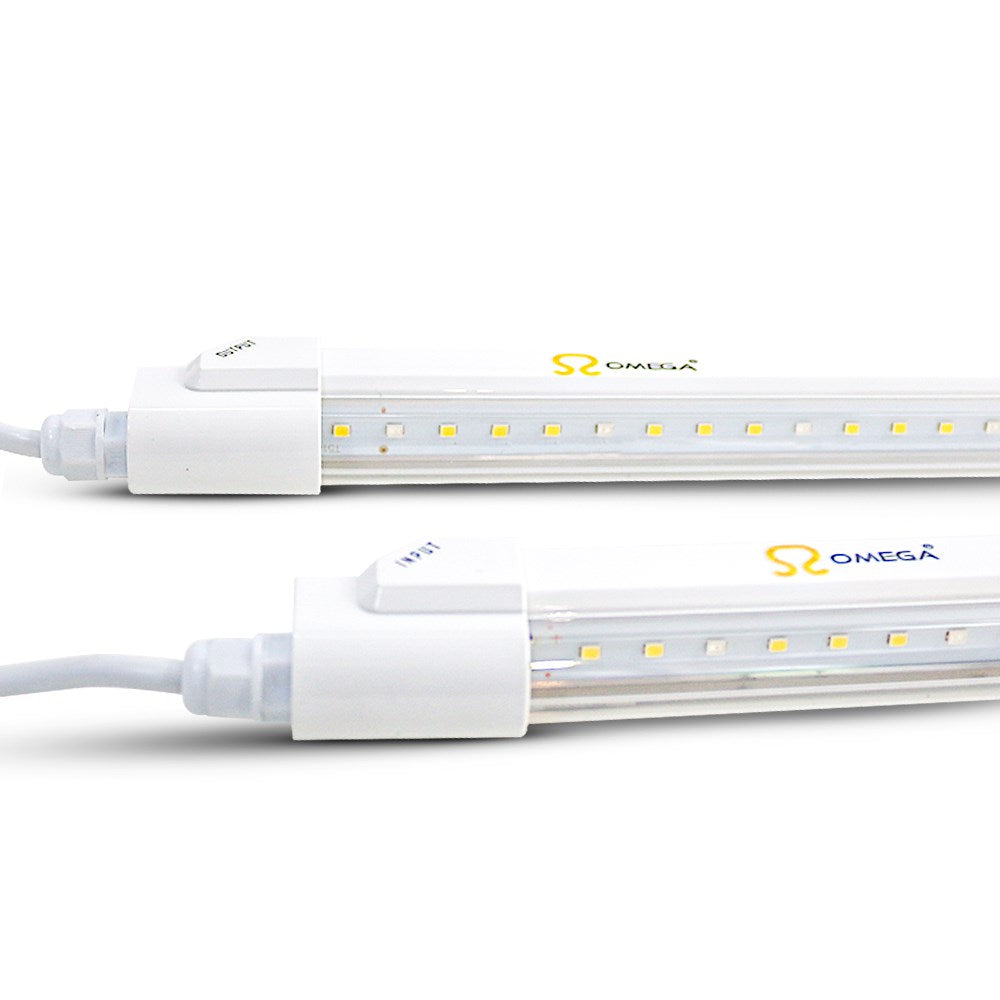 LED grow light bars with white connectors and yellow LEDs, twin-pack close-up
