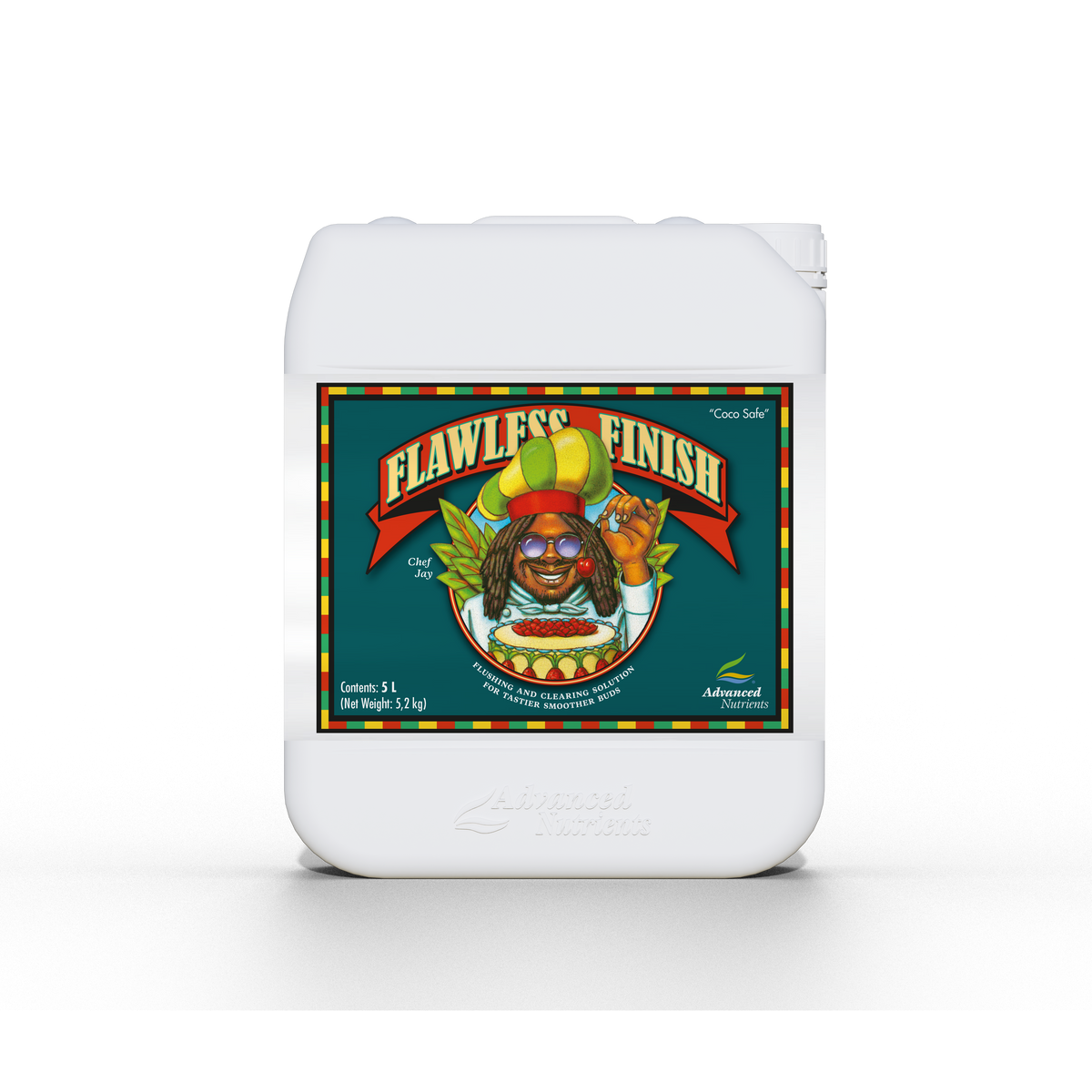White plastic bottle with flat back panel, Advanced Nutrients Flawless Finish label