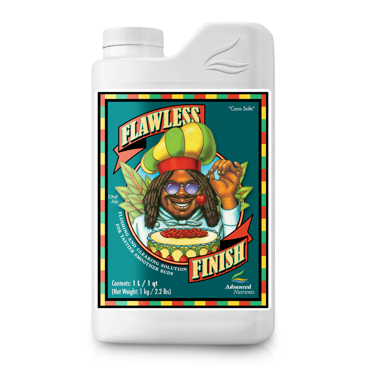 White plastic bottle with screw cap, Advanced Nutrients Flawless Finish label