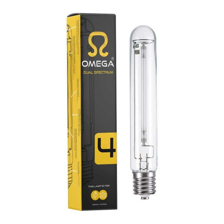 Omega dual spectrum lamp, boxed with clear glass tube and yellow front label 4