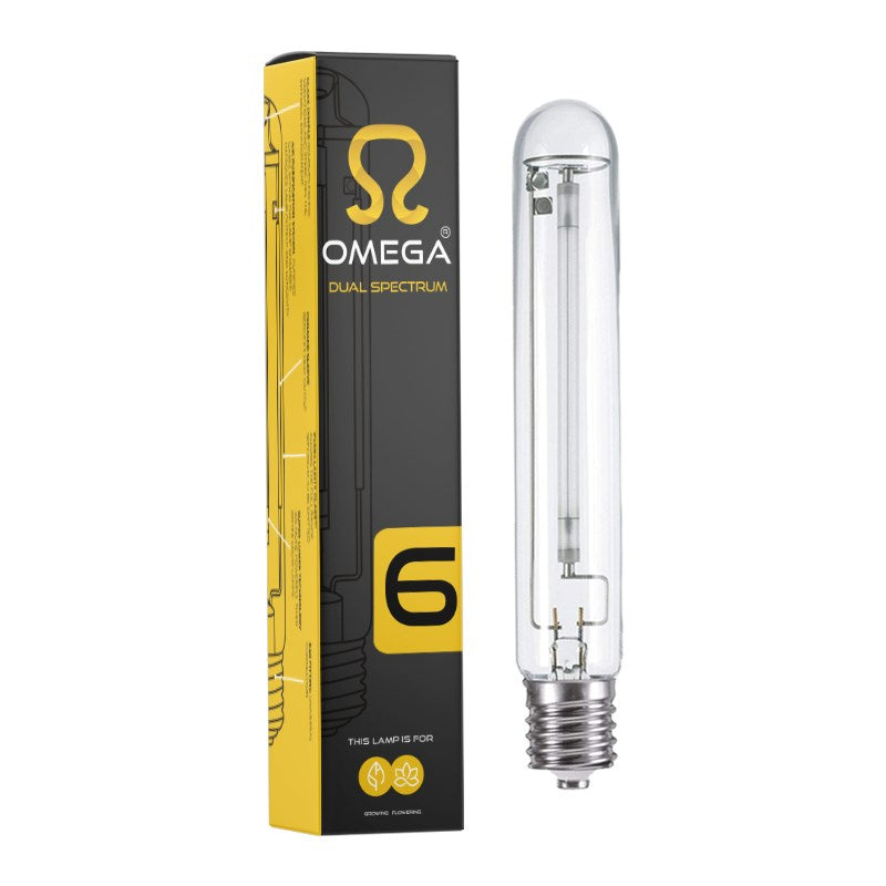 Omega dual spectrum lamp, boxed with clear glass tube and yellow front label 6
