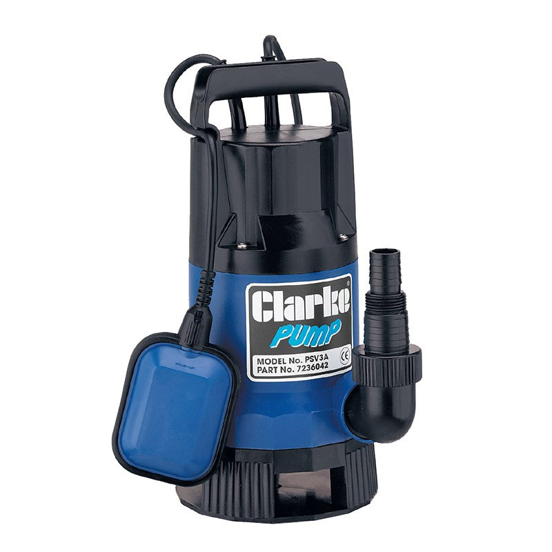 Submersible water pump with blue float switch and black discharge hose