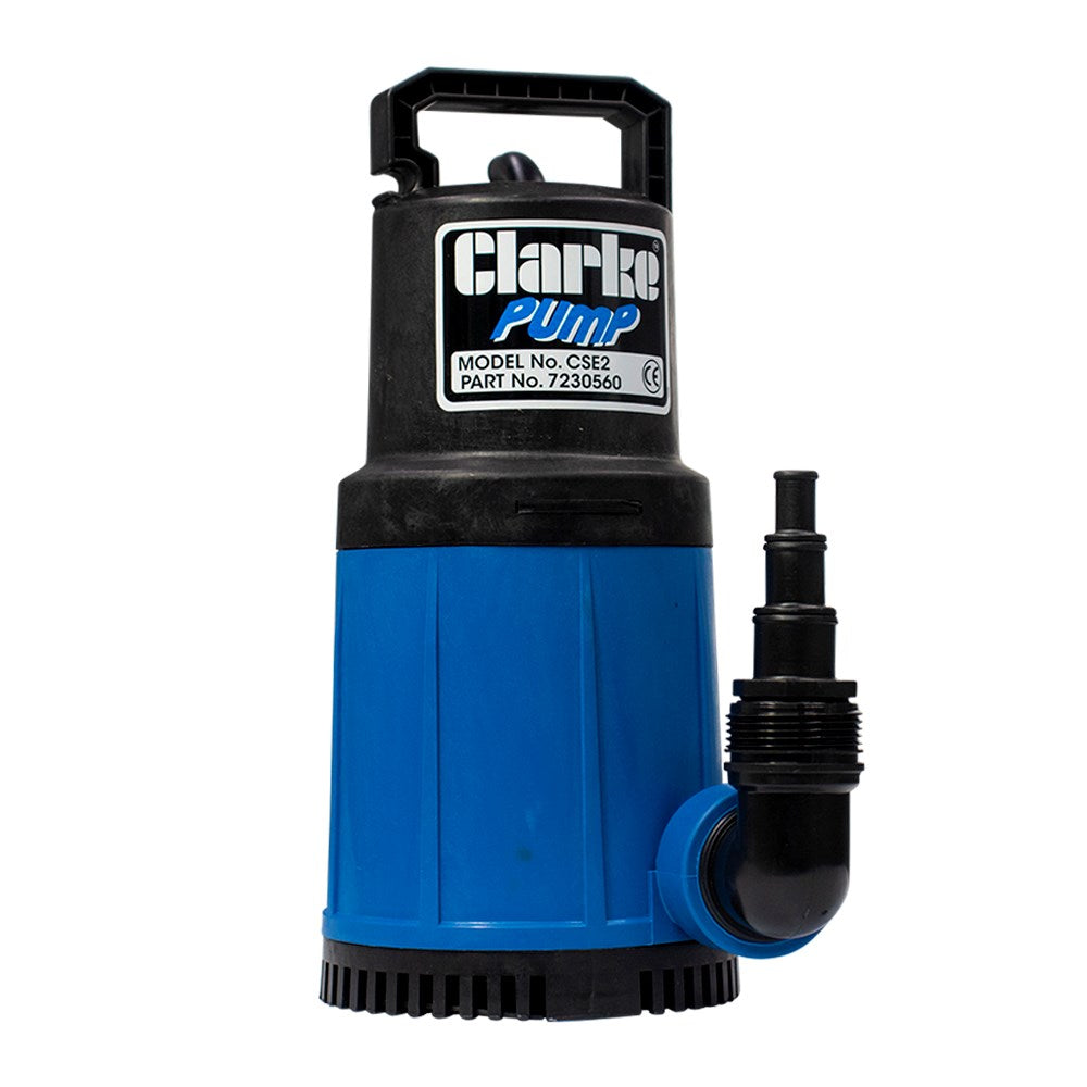 Submersible water pump, blue body with black inlet/outlet elbow and power cord