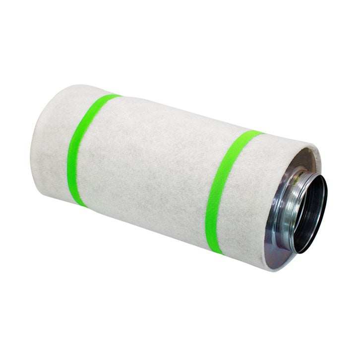 Carbon filter cartridge cylinder with green bands and metal threaded outlet