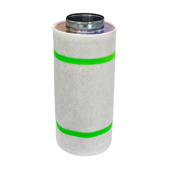 Carbon filter cylinder with two green bands and open threaded top fitting