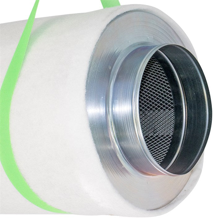 Carbon garden filter with metal inlet and dark mesh screen, green tie straps