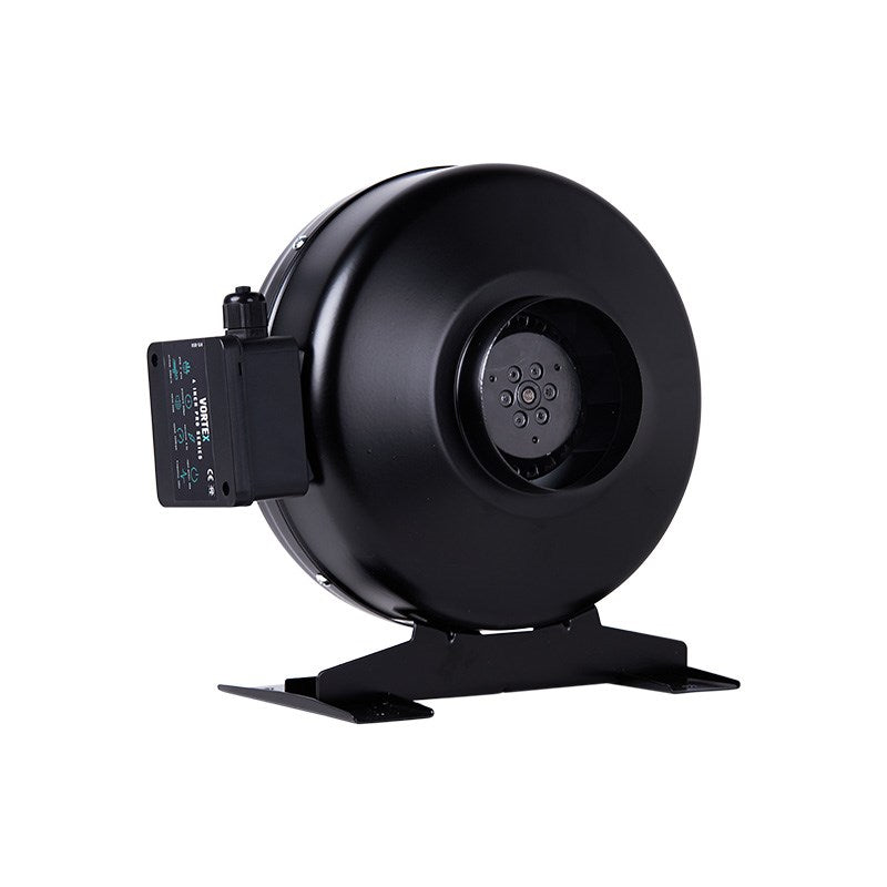 Black inline duct fan with circular housing, front grille, and side control module