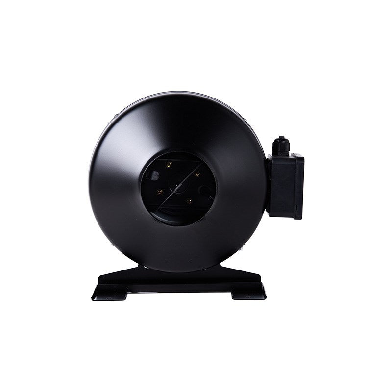 Black inline duct fan with circular face and side control box, standing on base