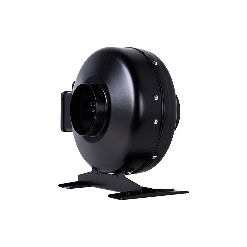 Black inline duct fan side view with circular housing, side control module, and mounting base
