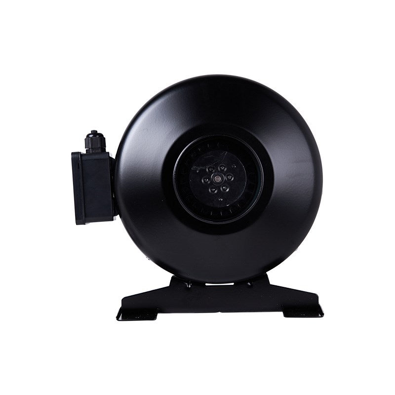 Black inline duct fan front view with circular grille and side control module on base