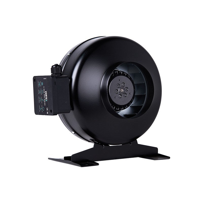 Black inline duct fan with front intake grille, visible impeller, and side control module