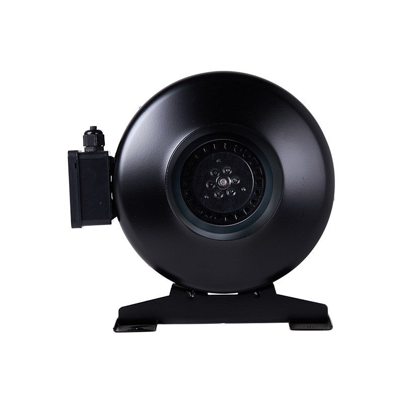 Black inline duct fan front view with circular grille and side control module on legs