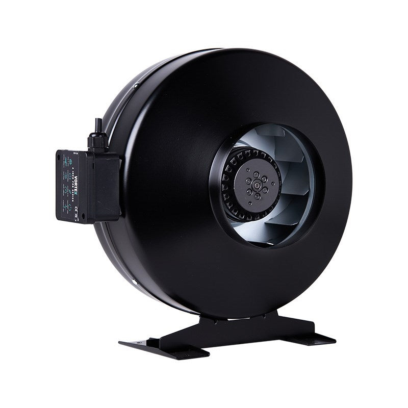 Black inline duct fan facing front, circular intake grille and side control module