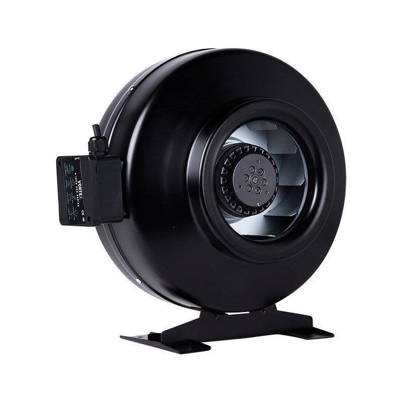Black inline duct fan angled view with circular grille, inner blades, and side control module