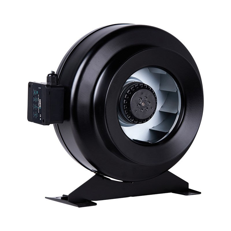Black inline duct fan with front intake grille showing fan blades, and side control module